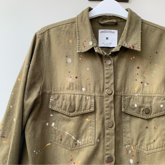 Zara khaki denim shacket chore shirt jacket paint splatter size medium - Picture 6 of 10